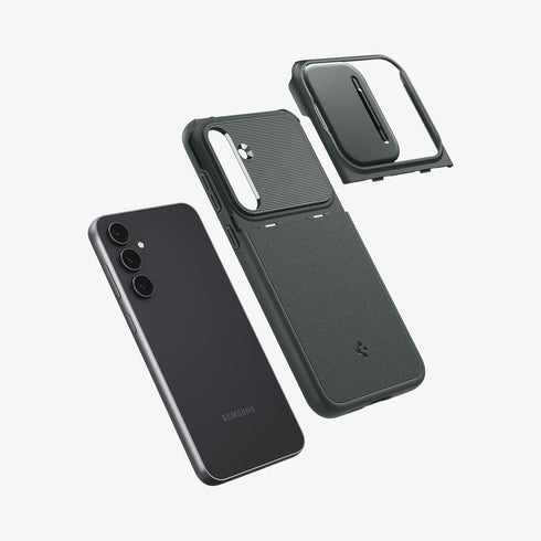 ACS05639 - Galaxy S23 Ultra Case Optik Armor in black showing the back with lens protector slot open